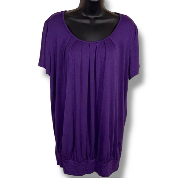 XL Purple Short Sleeve Top Gathered Bottom Stretch Scoop Neckline - Picture 1 of 12